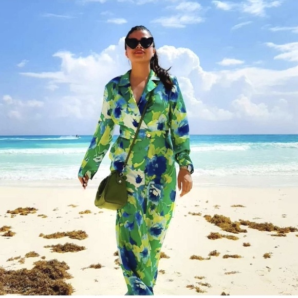 🦜 ZARA GREEN BLUE YELLOW FLORAL SATIN WIDE LEG LONG SLEEVE JUMPSUIT! - Picture 8 of 16